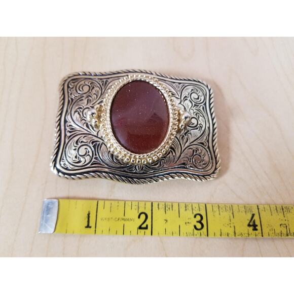 Vintage Western Ornate Scroll Silver Toned Belt Buckle w/ Red Goldstone Cabochon main image 3